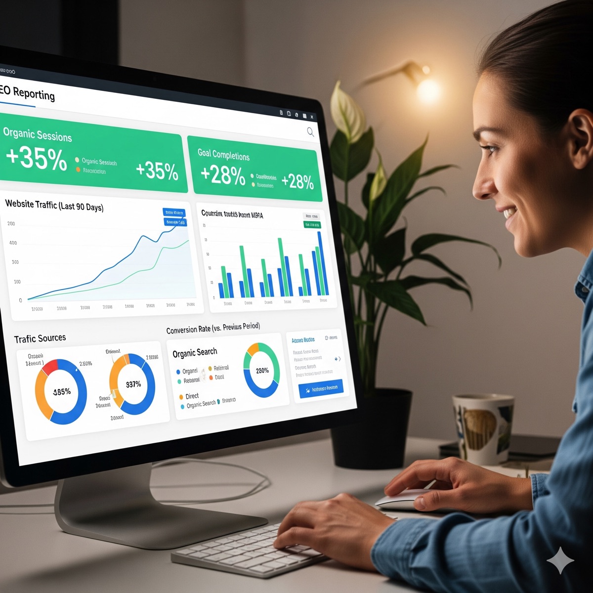 Tableau de bord de reporting SEO montrant +35 % de sessions et +28 % de conversions